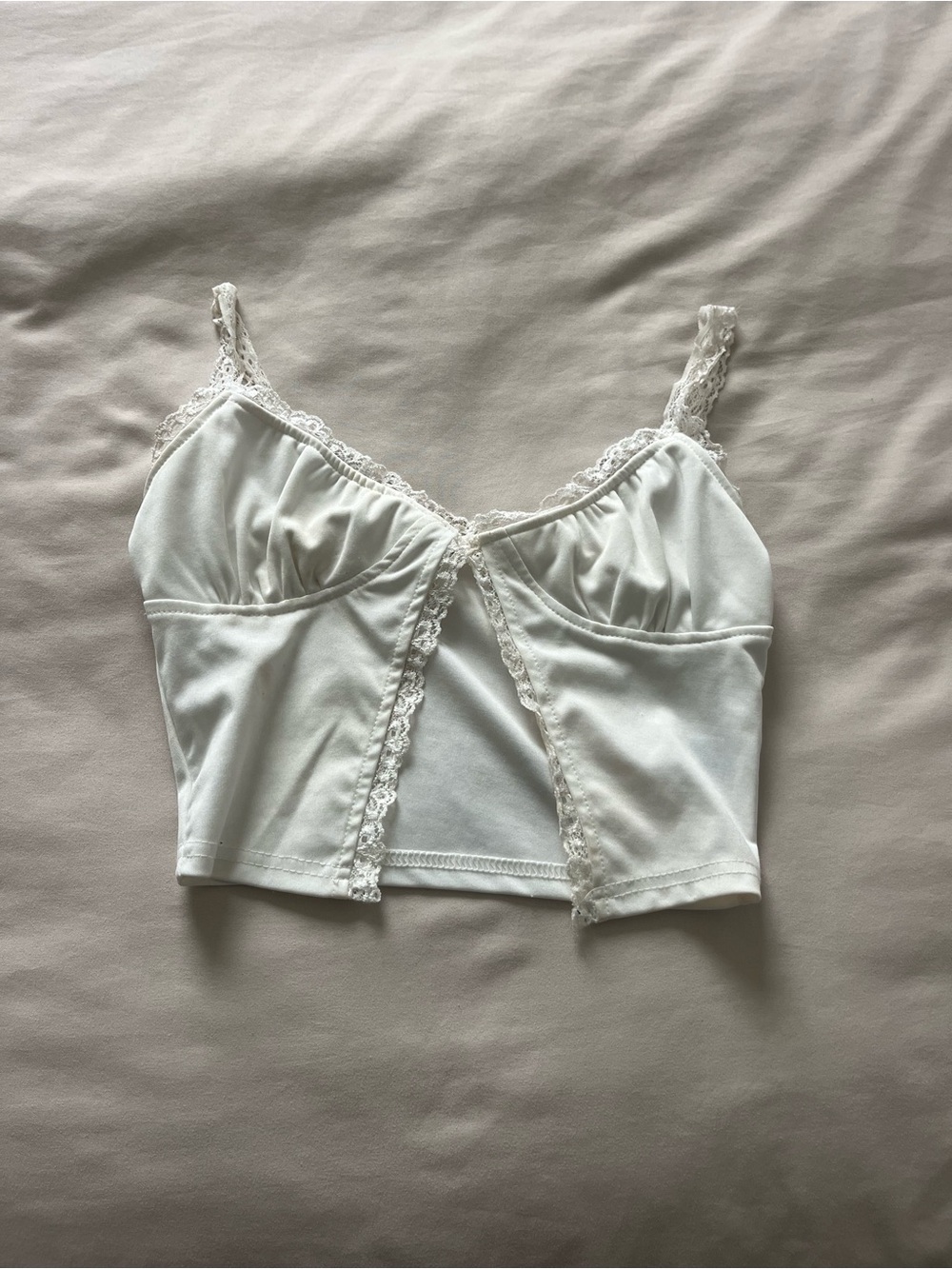 White Lace Trim Split Front Crop Top